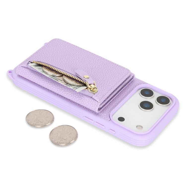 For iPhone 17 Pro Crossbody Zipper Wallet Ring Holder Litchi Leather Phone Case