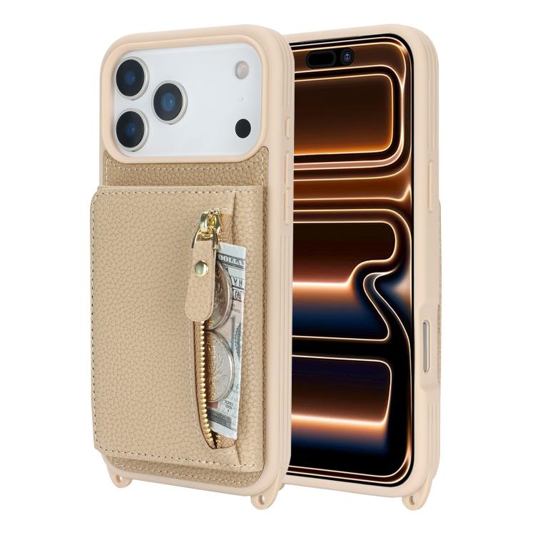 For iPhone 17 Pro Crossbody Zipper Wallet Ring Holder Litchi Leather Phone Case