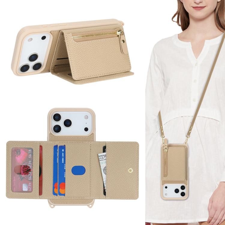 For iPhone 17 Pro Crossbody Zipper Wallet Ring Holder Litchi Leather Phone Case
