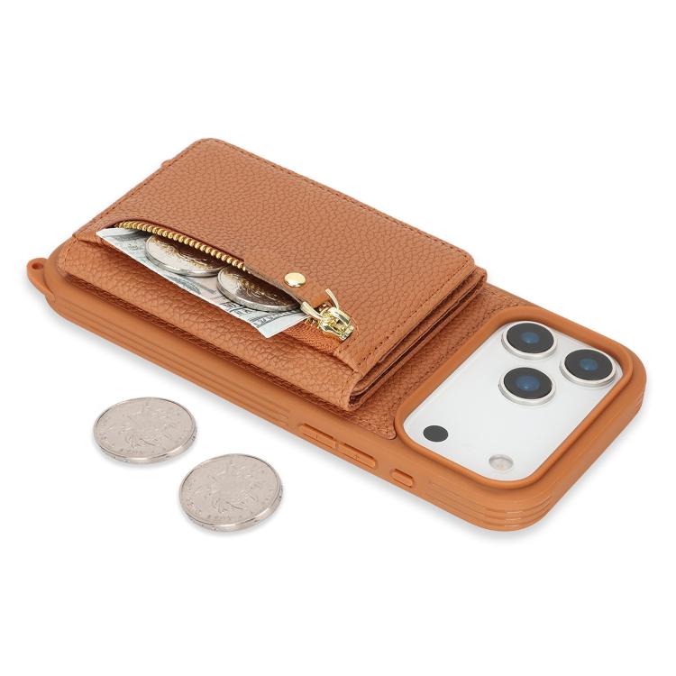 For iPhone 17 Pro Crossbody Zipper Wallet Ring Holder Litchi Leather Phone Case