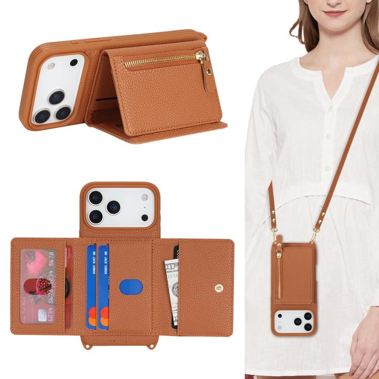 For iPhone 17 Pro Crossbody Zipper Wallet Ring Holder Litchi Leather Phone Case