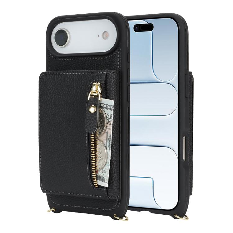 For iPhone Air Crossbody Zipper Wallet Ring Holder Litchi Leather Phone Case
