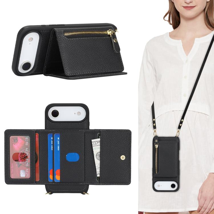 For iPhone Air Crossbody Zipper Wallet Ring Holder Litchi Leather Phone Case