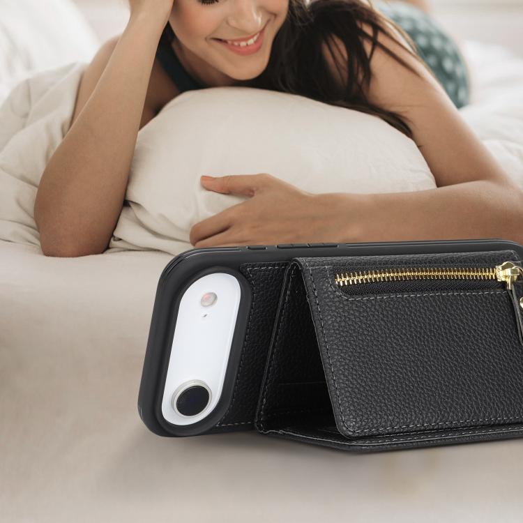 For iPhone Air Crossbody Zipper Wallet Ring Holder Litchi Leather Phone Case