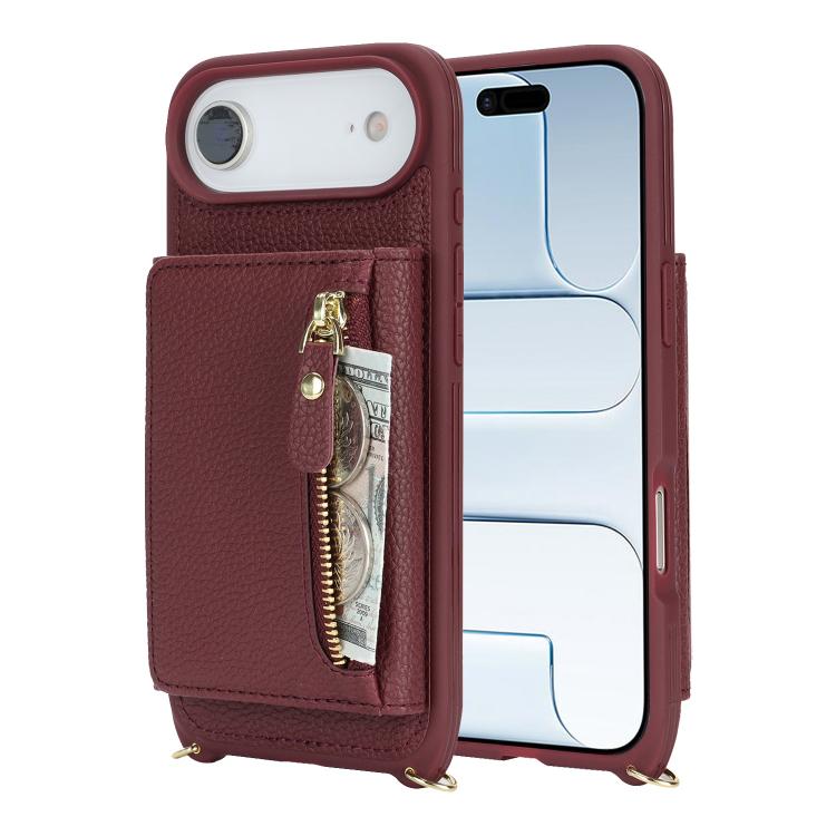For iPhone Air Crossbody Zipper Wallet Ring Holder Litchi Leather Phone Case