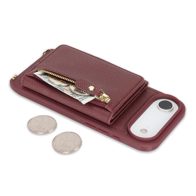 For iPhone Air Crossbody Zipper Wallet Ring Holder Litchi Leather Phone Case
