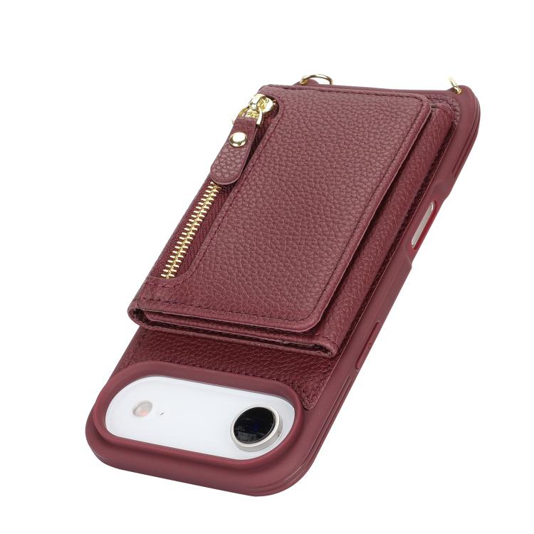 For iPhone Air Crossbody Zipper Wallet Ring Holder Litchi Leather Phone Case