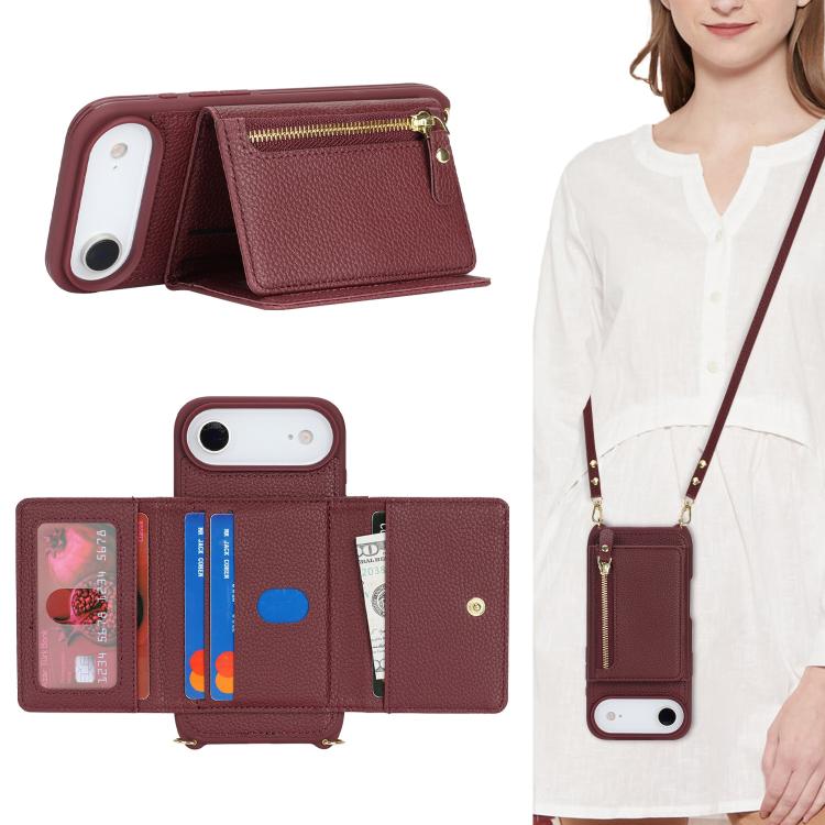 For iPhone Air Crossbody Zipper Wallet Ring Holder Litchi Leather Phone Case