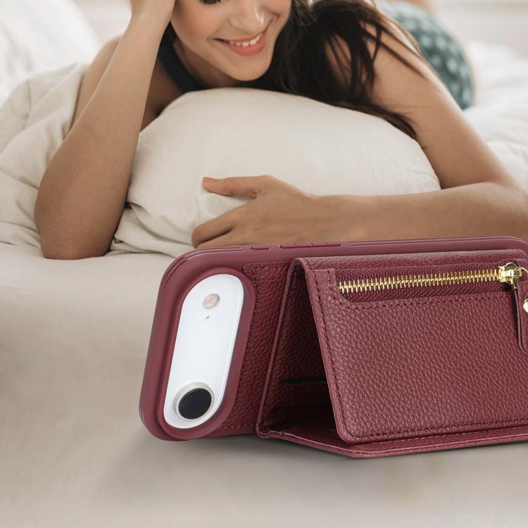 For iPhone Air Crossbody Zipper Wallet Ring Holder Litchi Leather Phone Case