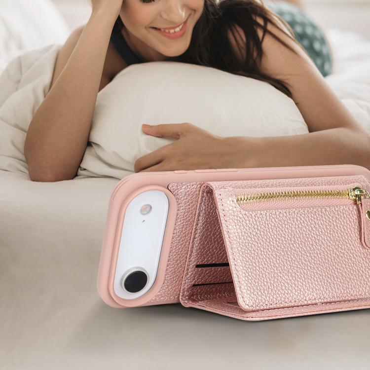 For iPhone Air Crossbody Zipper Wallet Ring Holder Litchi Leather Phone Case