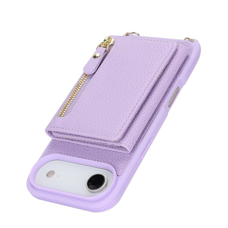 For iPhone Air Crossbody Zipper Wallet Ring Holder Litchi Leather Phone Case