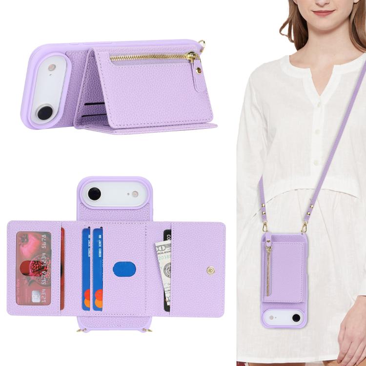 For iPhone Air Crossbody Zipper Wallet Ring Holder Litchi Leather Phone Case