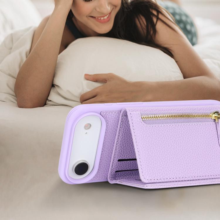 For iPhone Air Crossbody Zipper Wallet Ring Holder Litchi Leather Phone Case