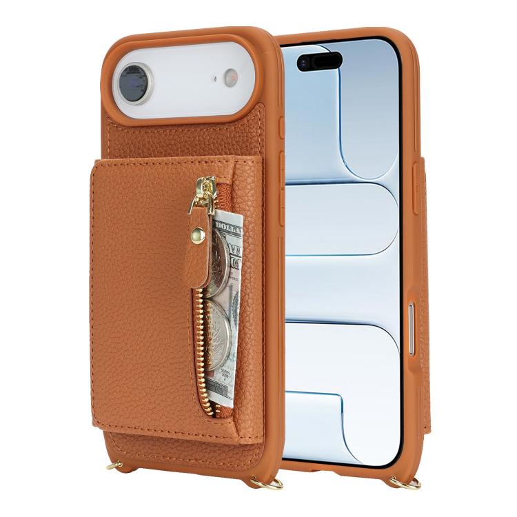 For iPhone Air Crossbody Zipper Wallet Ring Holder Litchi Leather Phone Case