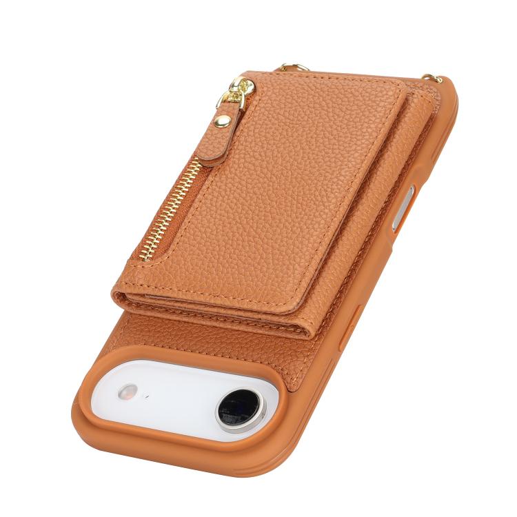For iPhone Air Crossbody Zipper Wallet Ring Holder Litchi Leather Phone Case