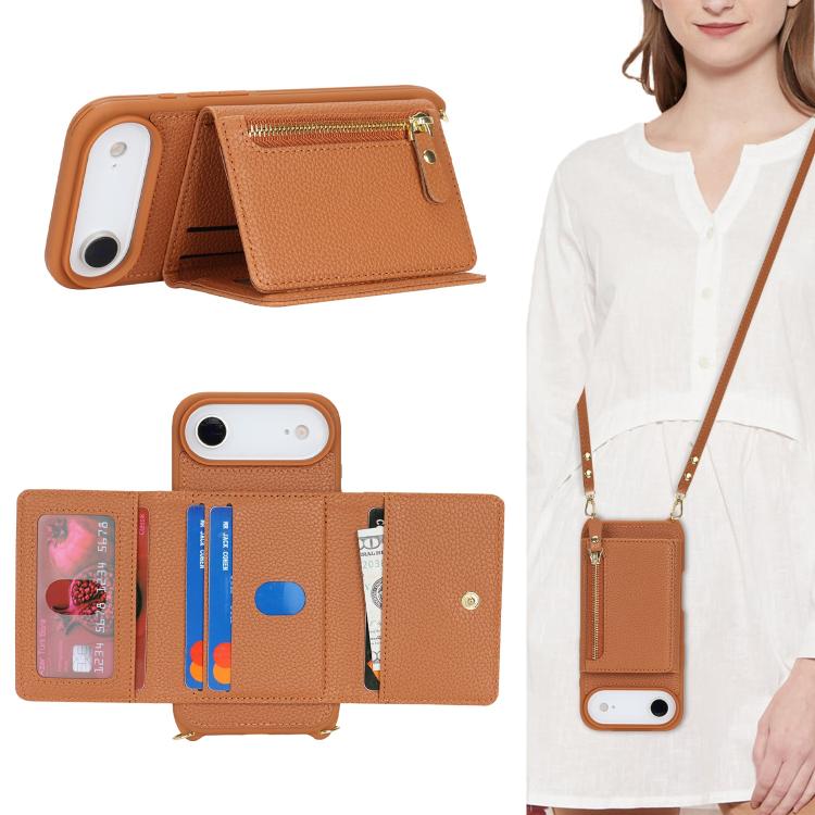 For iPhone Air Crossbody Zipper Wallet Ring Holder Litchi Leather Phone Case