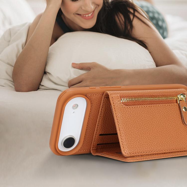 For iPhone Air Crossbody Zipper Wallet Ring Holder Litchi Leather Phone Case