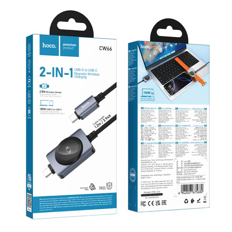 hoco CW66 1.2m PD100W & For iWatch Magnetic 2-in-1 Type-C to Type-C Charging Cable - Black