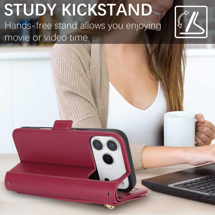 For iPhone 17 Pro Crossbody Front Zipper Multi-Card Wallet Bag Vegan Leather Phone Case