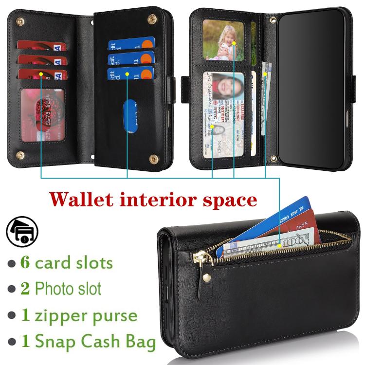 For iPhone 17 Crossbody Front Zipper Multi-Card Wallet Bag Vegan Leather Phone Case