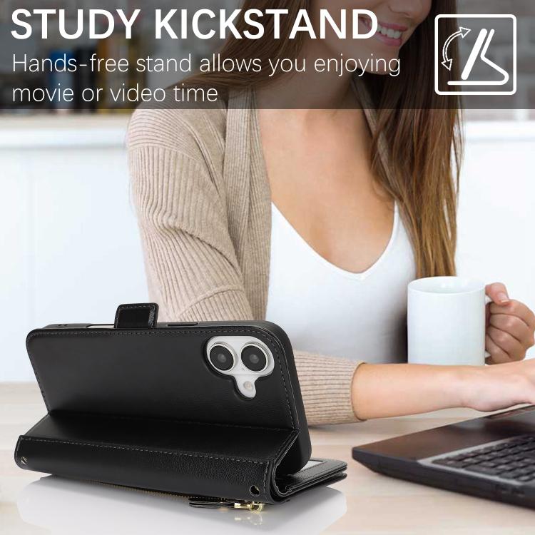 For iPhone 17 Crossbody Front Zipper Multi-Card Wallet Bag Vegan Leather Phone Case