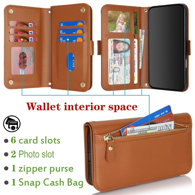 For iPhone 17 Crossbody Front Zipper Multi-Card Wallet Bag Vegan Leather Phone Case