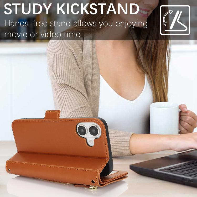 For iPhone 17 Crossbody Front Zipper Multi-Card Wallet Bag Vegan Leather Phone Case