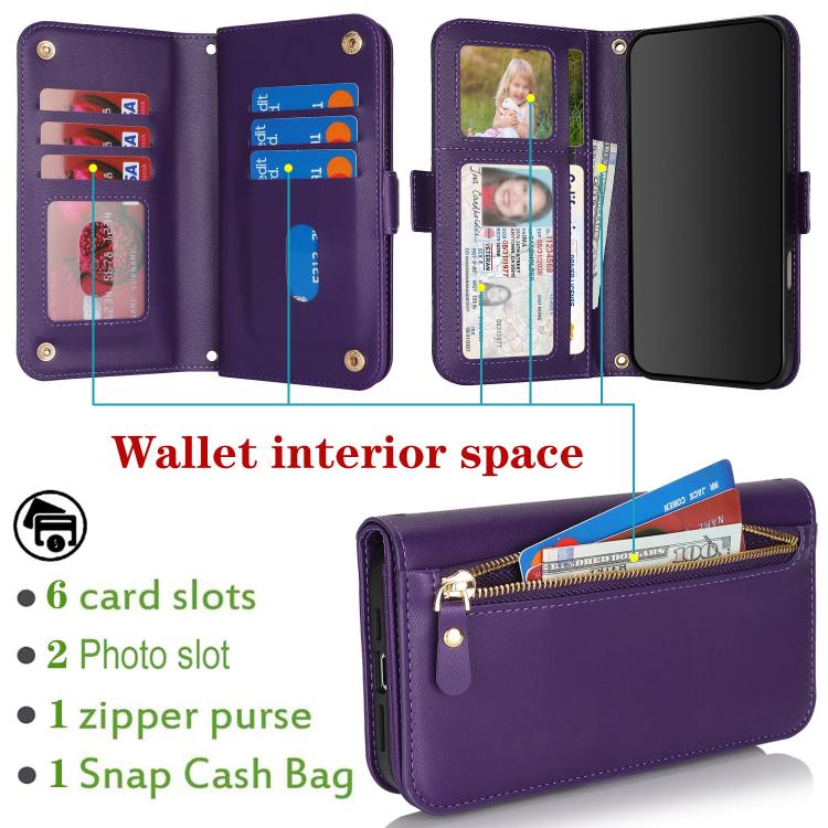 For iPhone 17 Crossbody Front Zipper Multi-Card Wallet Bag Vegan Leather Phone Case