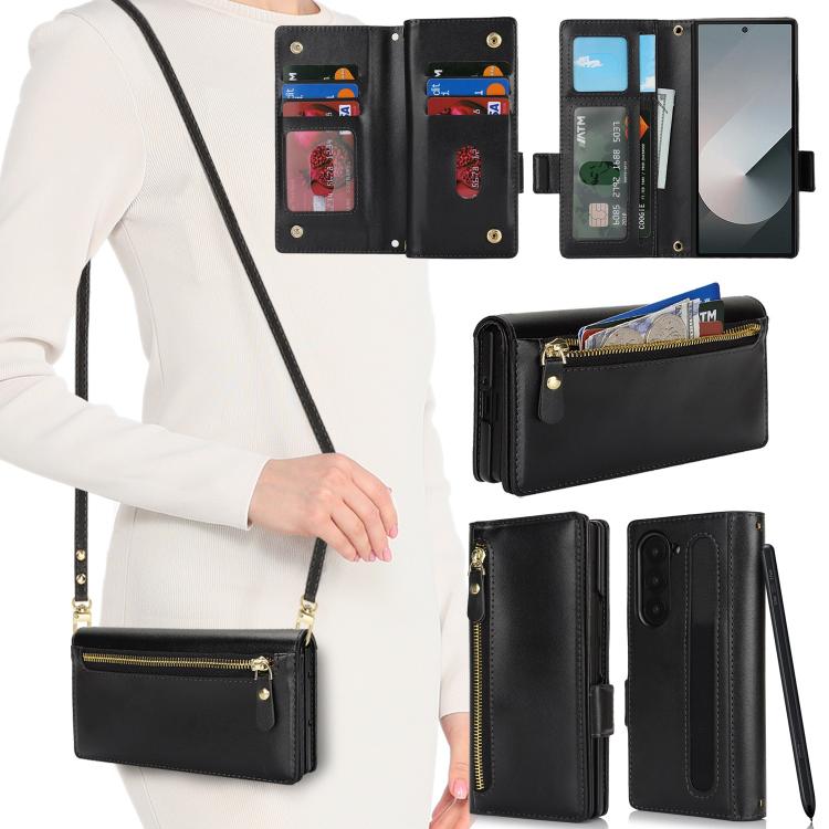 For Samsung Galaxy Z Fold6 Crossbody Front Zipper Multi-Card Wallet Bag Vegan Leather Phone Case