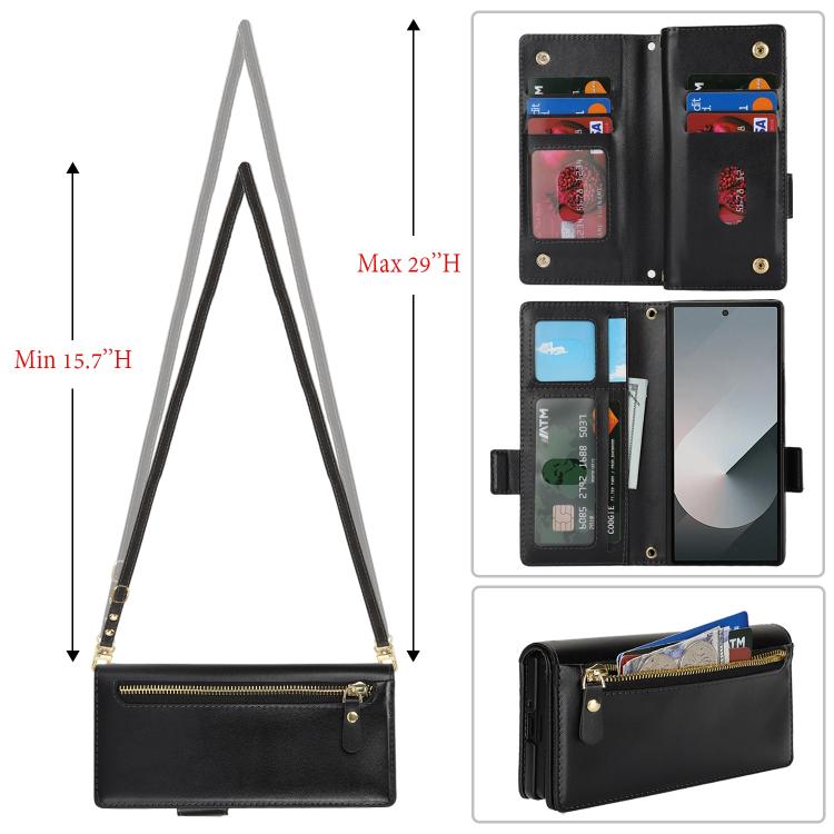 For Samsung Galaxy Z Fold6 Crossbody Front Zipper Multi-Card Wallet Bag Vegan Leather Phone Case