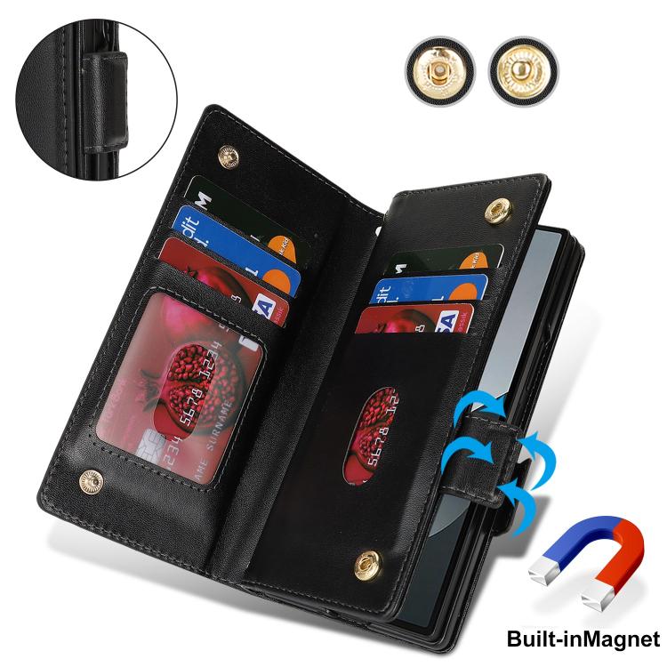 For Samsung Galaxy Z Fold6 Crossbody Front Zipper Multi-Card Wallet Bag Vegan Leather Phone Case