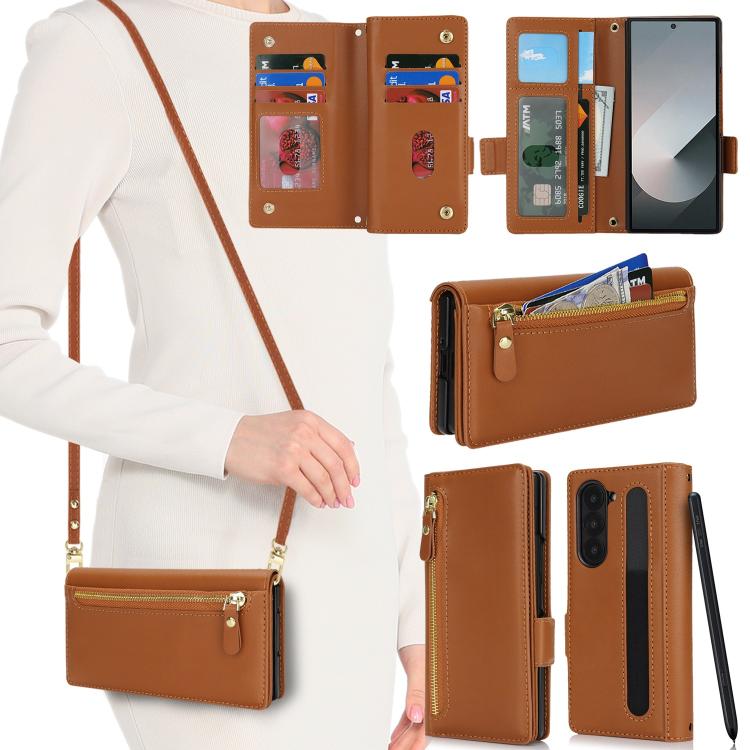 For Samsung Galaxy Z Fold6 Crossbody Front Zipper Multi-Card Wallet Bag Vegan Leather Phone Case
