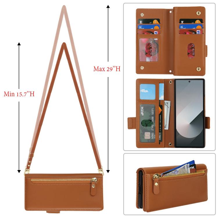 For Samsung Galaxy Z Fold6 Crossbody Front Zipper Multi-Card Wallet Bag Vegan Leather Phone Case