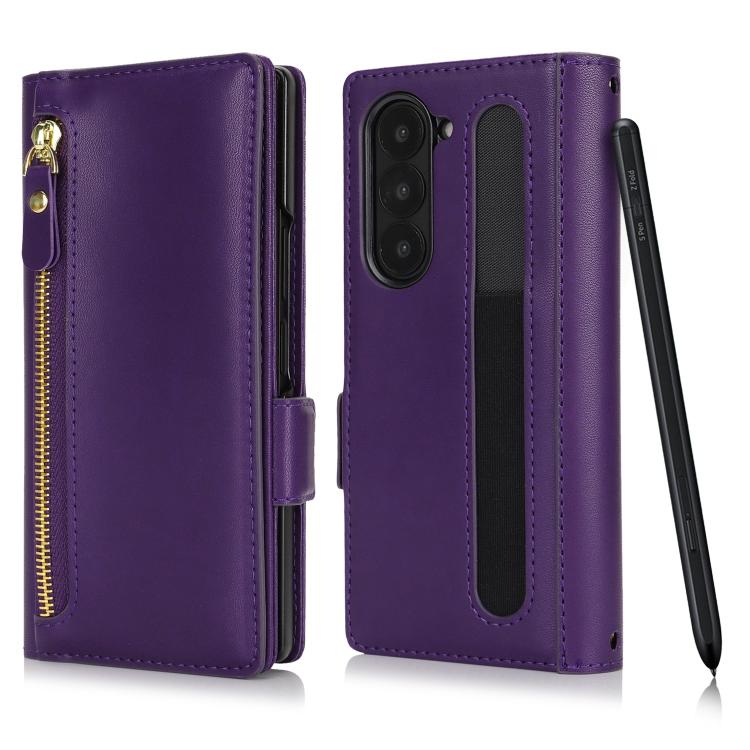 For Samsung Galaxy Z Fold6 Crossbody Front Zipper Multi-Card Wallet Bag Vegan Leather Phone Case
