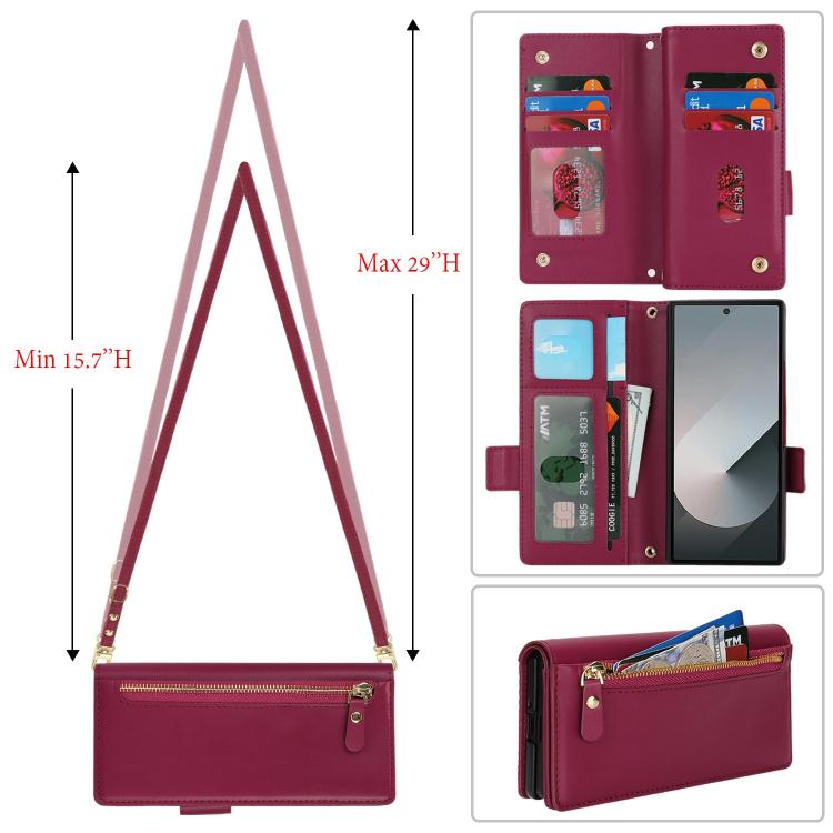 For Samsung Galaxy Z Fold6 Crossbody Front Zipper Multi-Card Wallet Bag Vegan Leather Phone Case