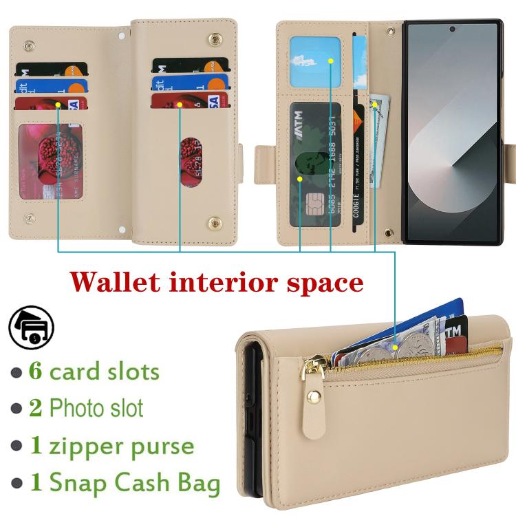 For Samsung Galaxy Z Fold6 Crossbody Front Zipper Multi-Card Wallet Bag Vegan Leather Phone Case