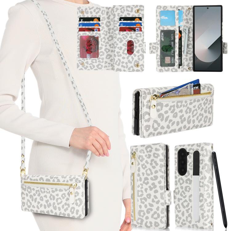 For Samsung Galaxy Z Fold6 Crossbody Front Zipper Multi-Card Wallet Bag Vegan Leather Phone Case