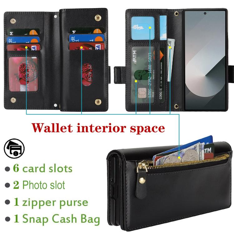 For Samsung Galaxy Z Fold5 Crossbody Front Zipper Multi-Card Wallet Bag Vegan Leather Phone Case