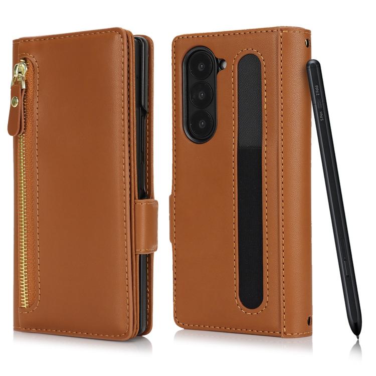 For Samsung Galaxy Z Fold5 Crossbody Front Zipper Multi-Card Wallet Bag Vegan Leather Phone Case
