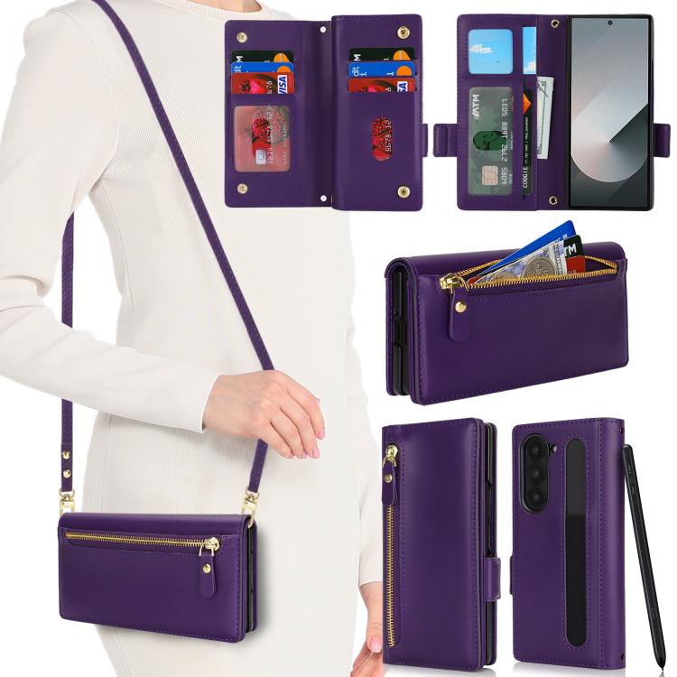 For Samsung Galaxy Z Fold5 Crossbody Front Zipper Multi-Card Wallet Bag Vegan Leather Phone Case