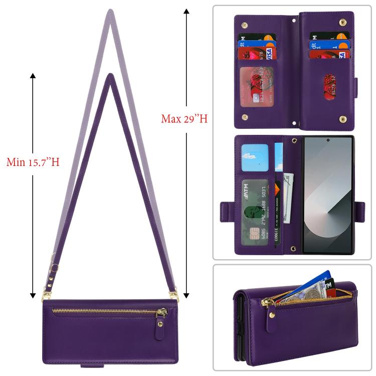 For Samsung Galaxy Z Fold5 Crossbody Front Zipper Multi-Card Wallet Bag Vegan Leather Phone Case