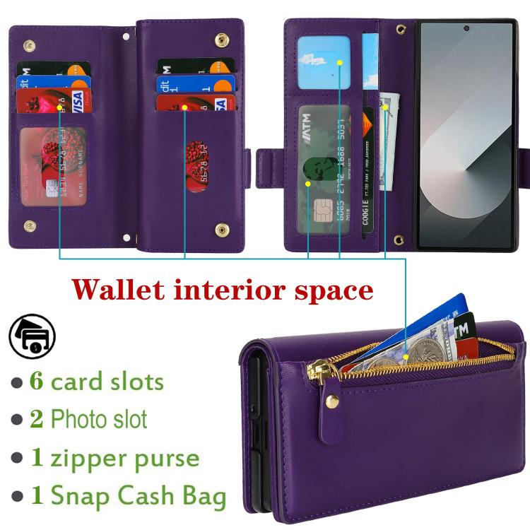 For Samsung Galaxy Z Fold5 Crossbody Front Zipper Multi-Card Wallet Bag Vegan Leather Phone Case