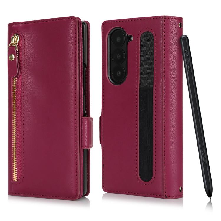For Samsung Galaxy Z Fold5 Crossbody Front Zipper Multi-Card Wallet Bag Vegan Leather Phone Case