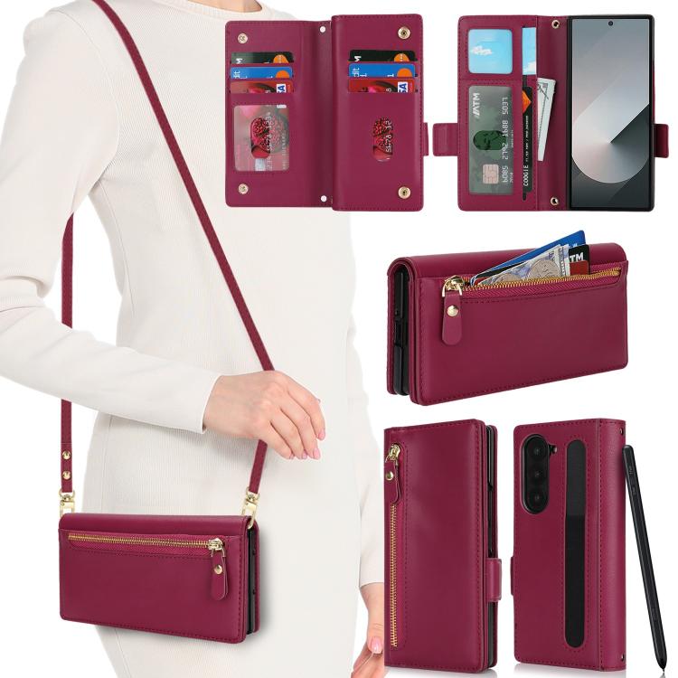 For Samsung Galaxy Z Fold5 Crossbody Front Zipper Multi-Card Wallet Bag Vegan Leather Phone Case