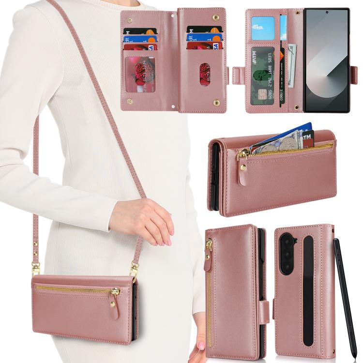 For Samsung Galaxy Z Fold5 Crossbody Front Zipper Multi-Card Wallet Bag Vegan Leather Phone Case