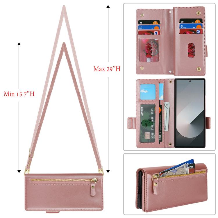 For Samsung Galaxy Z Fold5 Crossbody Front Zipper Multi-Card Wallet Bag Vegan Leather Phone Case