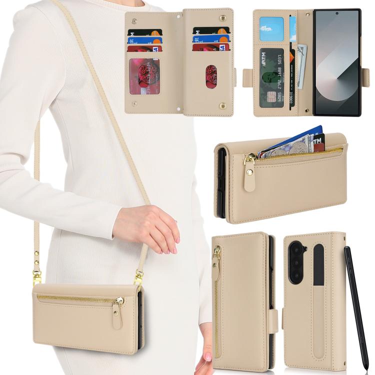 For Samsung Galaxy Z Fold5 Crossbody Front Zipper Multi-Card Wallet Bag Vegan Leather Phone Case