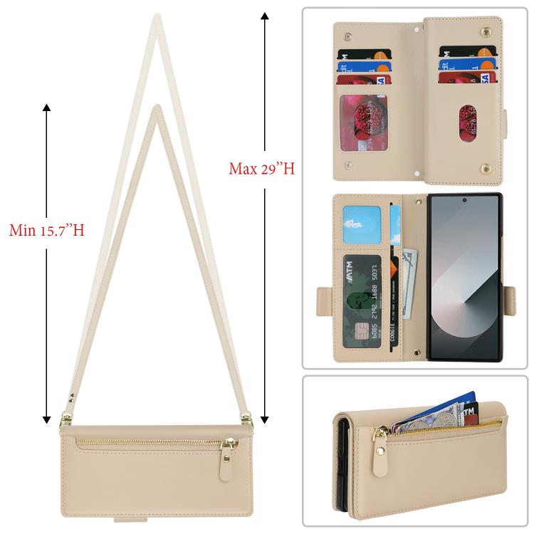 For Samsung Galaxy Z Fold5 Crossbody Front Zipper Multi-Card Wallet Bag Vegan Leather Phone Case