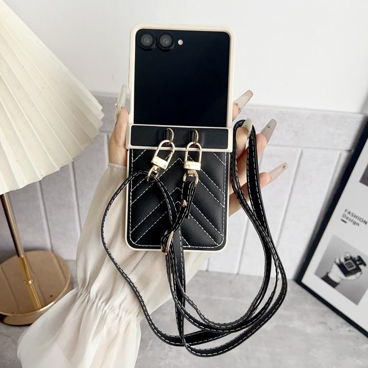 For Samsung Galaxy Z Flip7 Crossbody Lanyard Air-Cushioned V-shaped Vegan Leather Back Phone Case