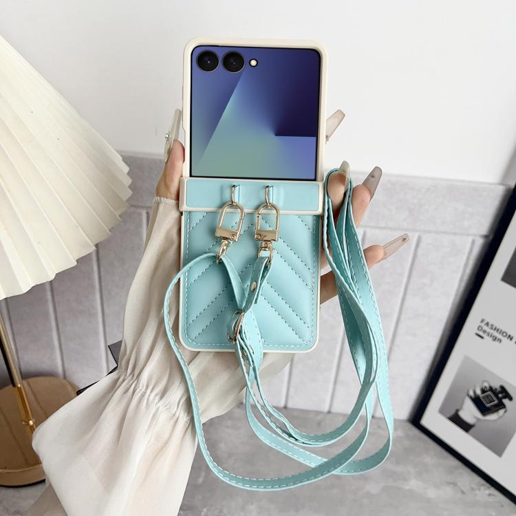 For Samsung Galaxy Z Flip7 Crossbody Lanyard Air-Cushioned V-shaped Vegan Leather Back Phone Case